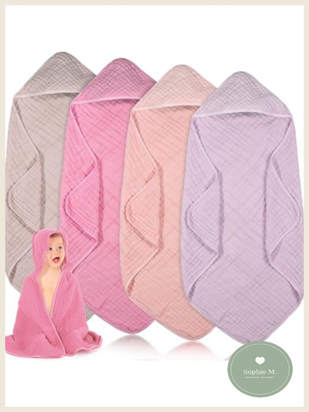 Muslin Hooded Baby Towels 4 Pc 6 Layer Soft Absorbent Bath Towels